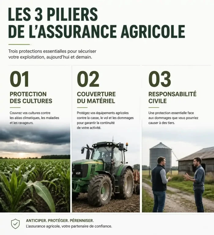 Piliers de l'assurance agricole Terre Ugo : multirisque, récolte et responsabilité civile