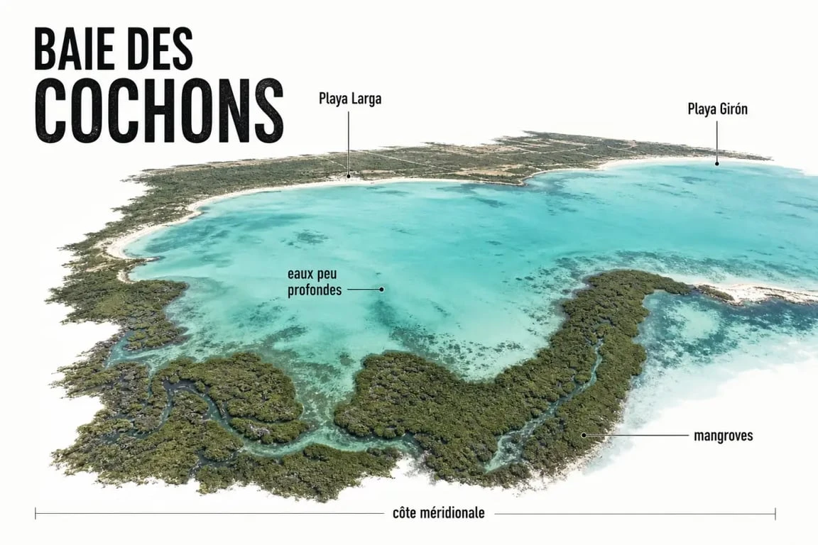 Vue aérienne de la baie aux cochons à Cuba, avec mangroves et plages de la côte caribéenne