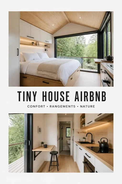 Intérieur de tiny house Airbnb compact et confortable