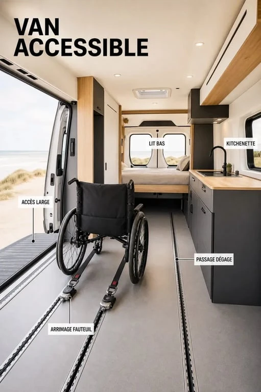 Van aménagé handicap avec accès large, fauteuil arrimé et aménagement PMR à bord