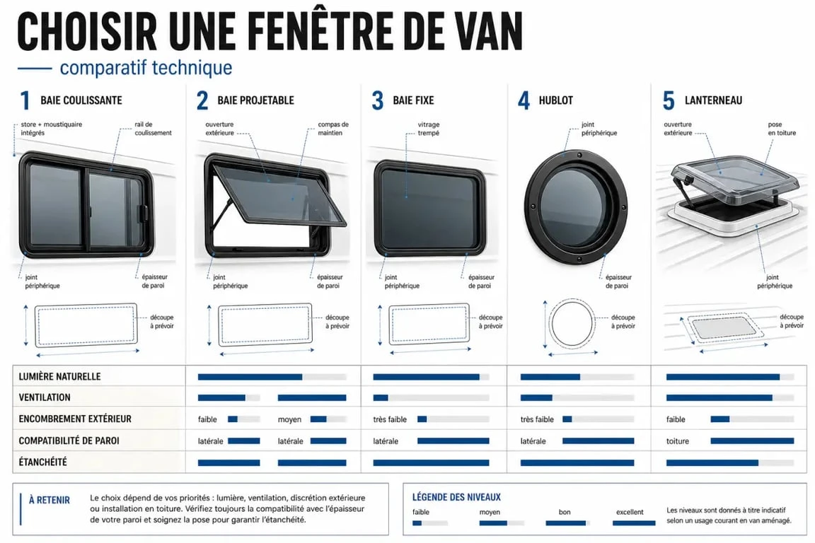 Fenetre van aménagé : comparatif visuel des baies coulissantes, projetables, fixes, hublots et lanterneaux