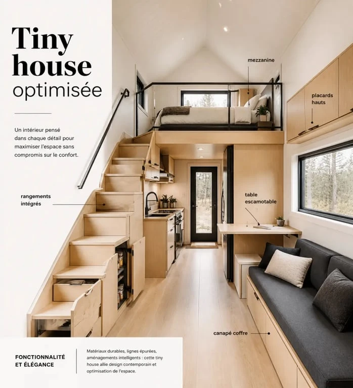 Aménagement tiny house : intérieur optimisé avec rangements intégrés et mobilier multifonction