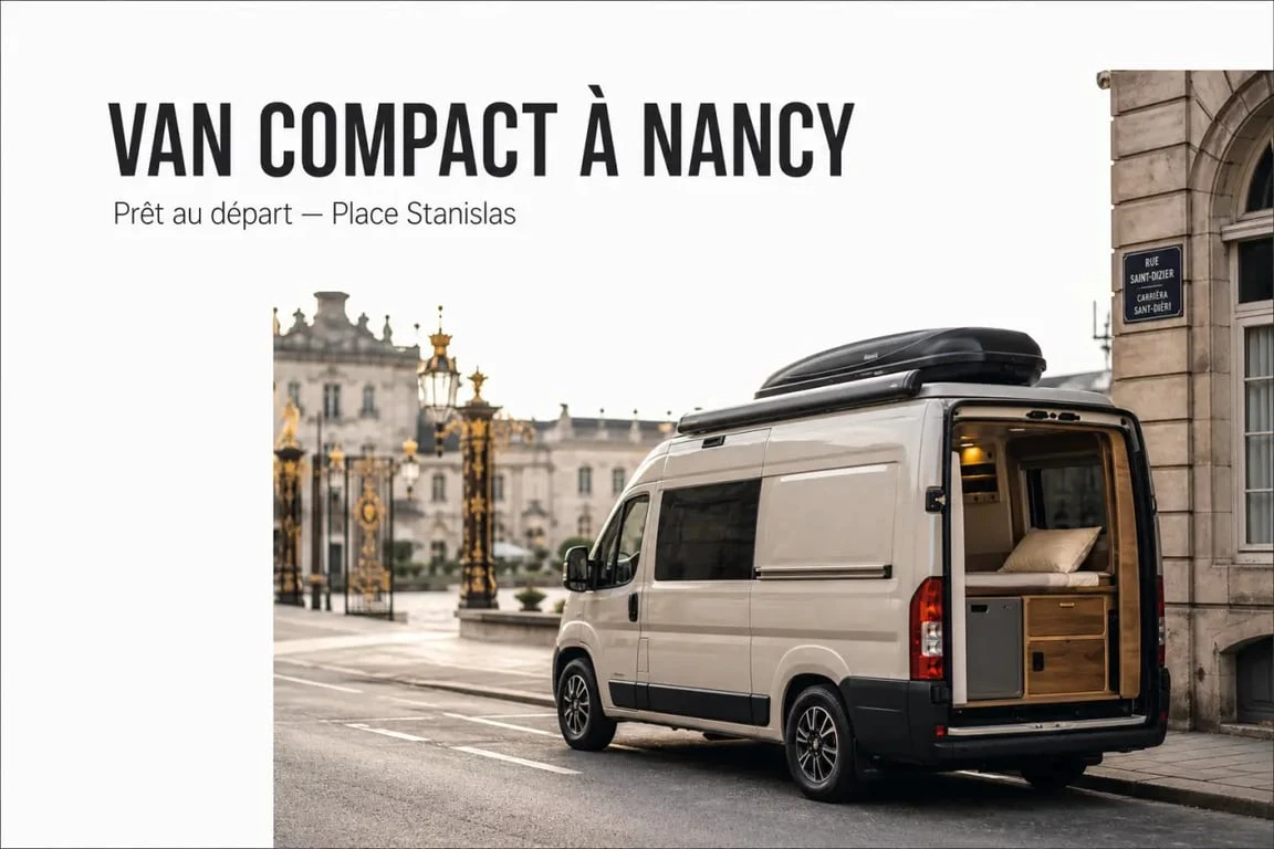 Location van aménagé Nancy : van compact prêt au départ devant la place Stanislas