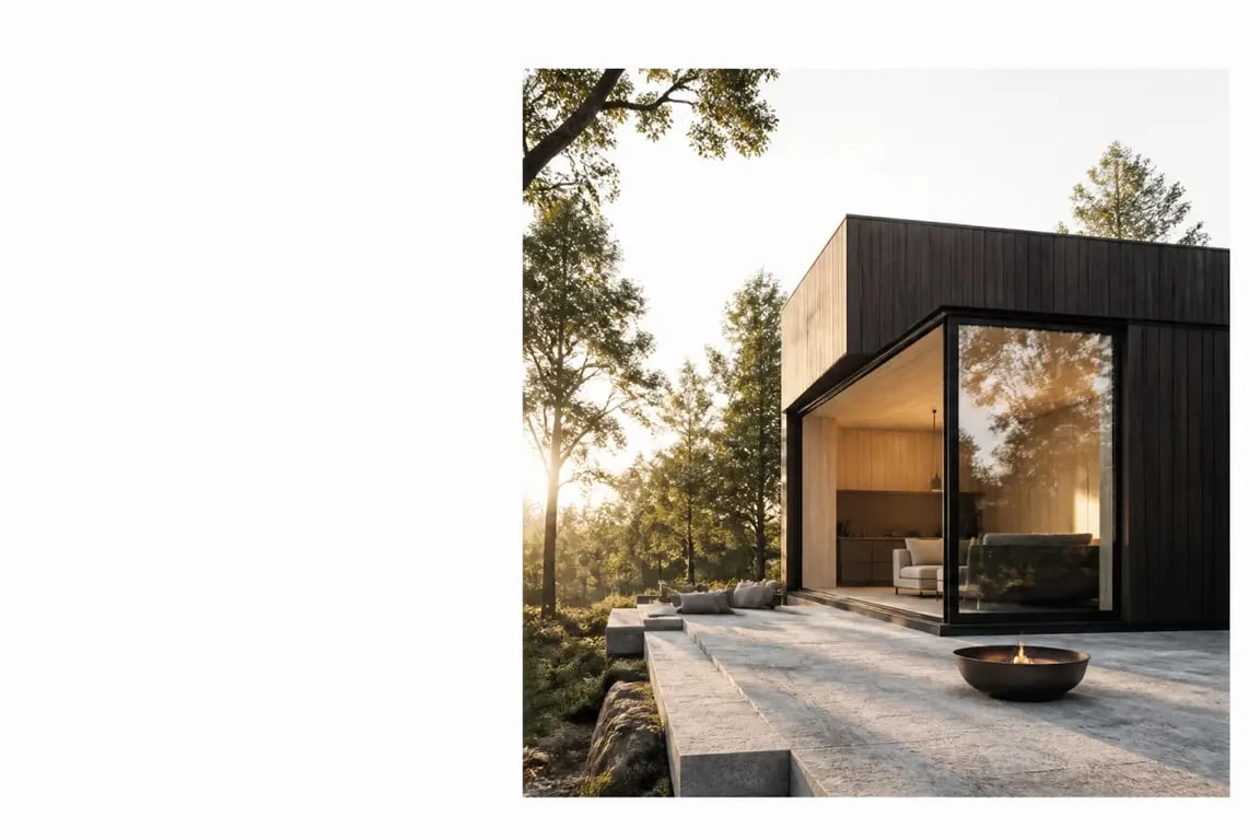 Parenthèse Tiny House : tiny house en forêt d’Orléans avec grande baie vitrée et terrasse en pierre naturelle