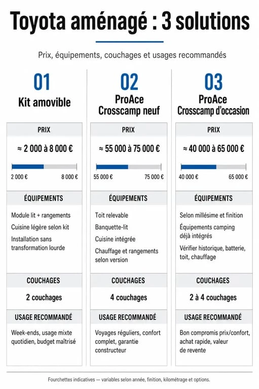 Van Toyota aménagé : comparaison visuelle des solutions kit amovible, Crosscamp neuf et occasion