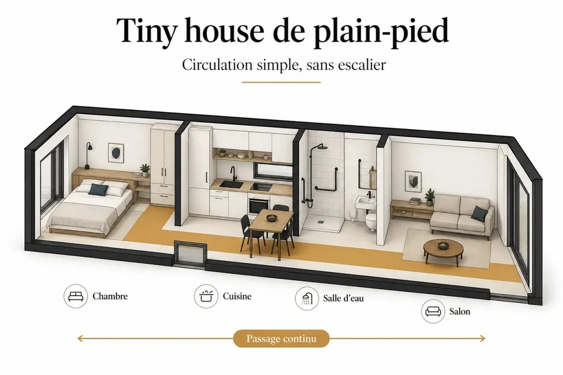 Comparatif tiny house plain pied sans mezzanine, avec accès simple au couchage et circulation sur un seul niveau