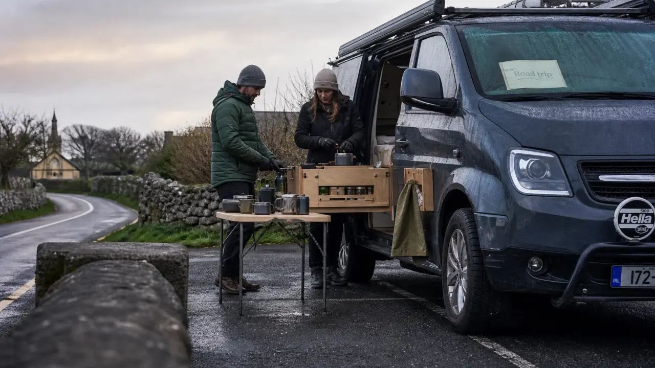 Location van aménagé Irlande à Dublin : van ouvert, table et cuisine, conduite à gauche