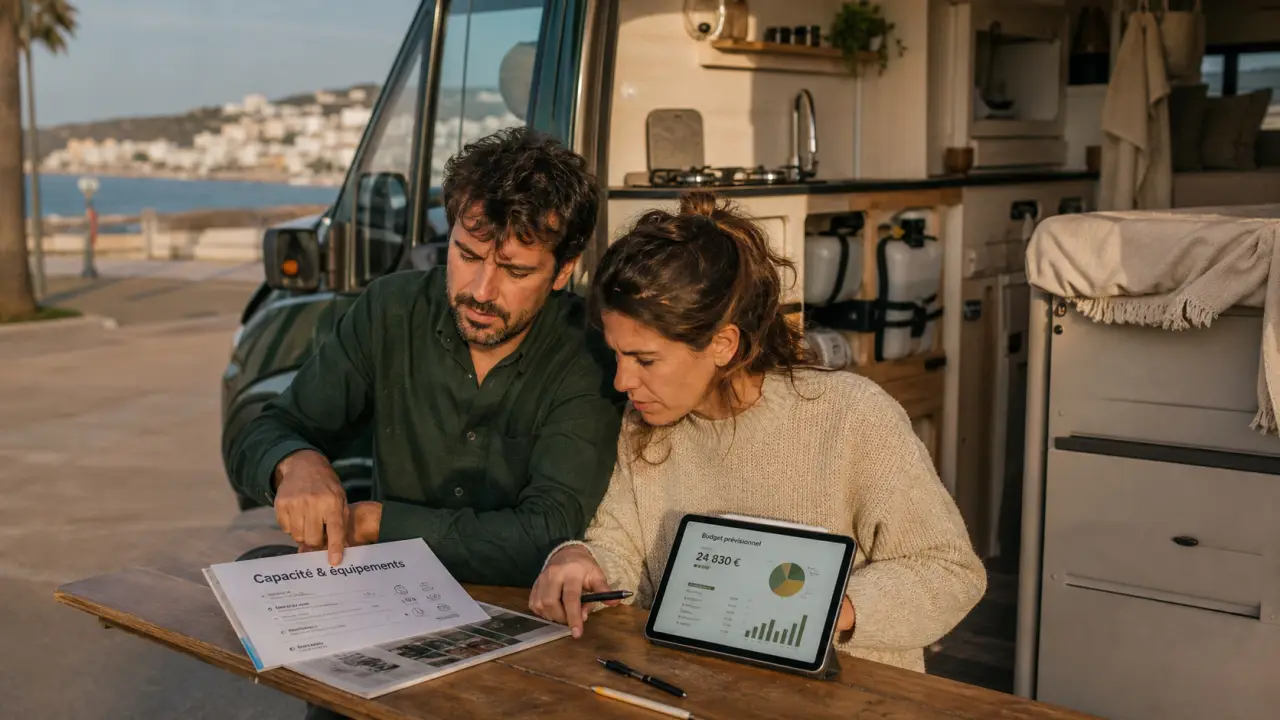 Location van aménagé Málaga : couple vérifie capacité et équipements