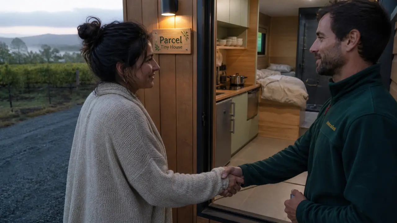 Parcel tiny house : poignée de main devant une cuisine équipée et un grand lit