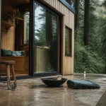 Parentheses tiny house en forêt d’Orléans, terrasse en bois et baie vitrée ouverte sur les arbres