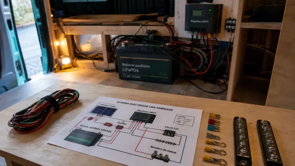 Schéma électrique de van aménagé : 12V, solaire, 230V et protections à prévoir