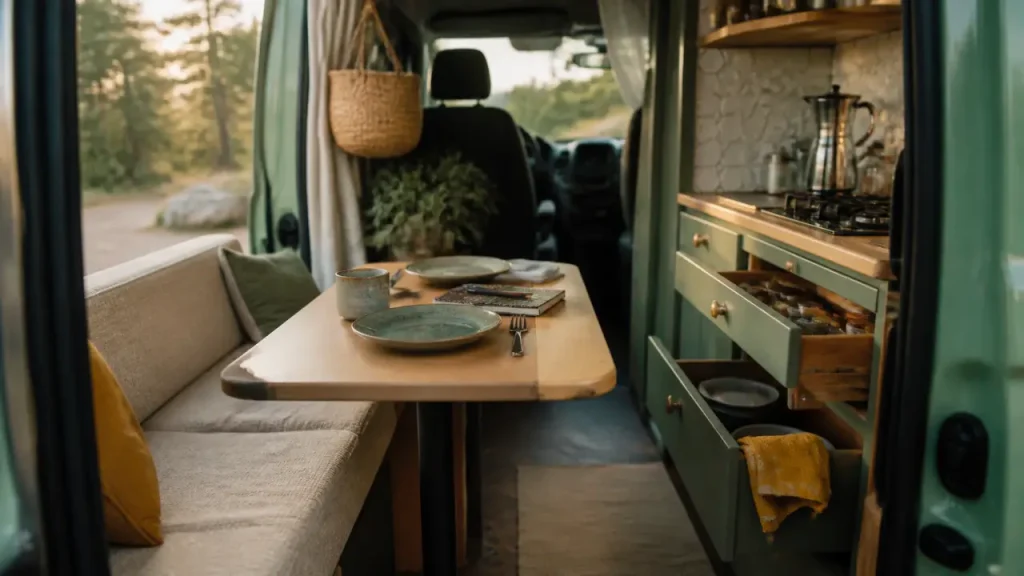 Table van aménagé : fixe, amovible ou pliante selon l’espace et la stabilité
