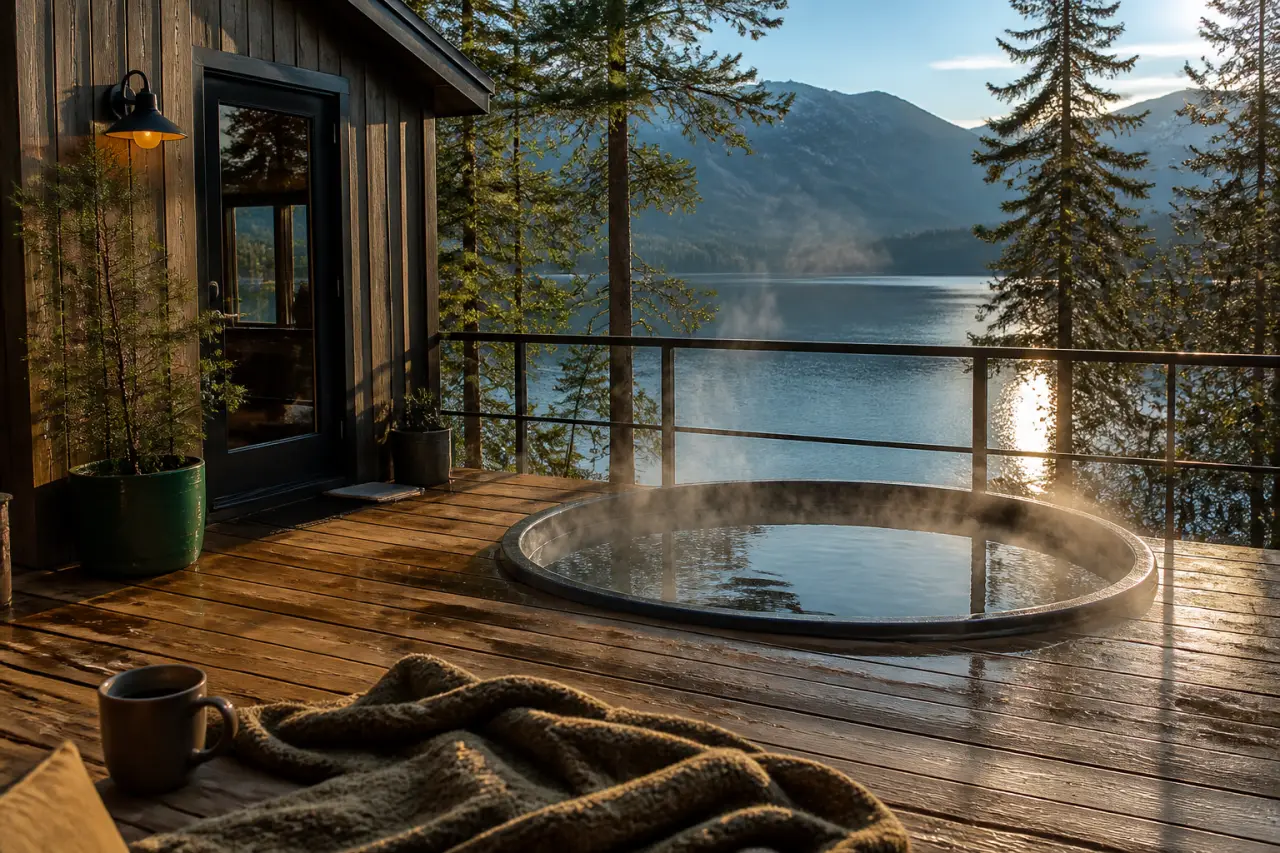 Tiny house Airbnb avec jacuzzi privé en forêt, terrasse et lac