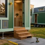Tiny house fixe posée sur plots, confort et stabilité, arrière-plan mobile sur remorque.