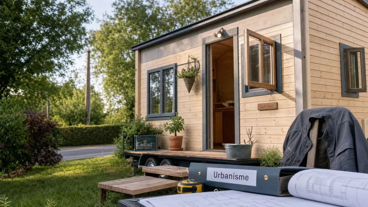 Tiny house Toulouse sur roues, terrasse et panneau urbanisme, plans et mètre ruban