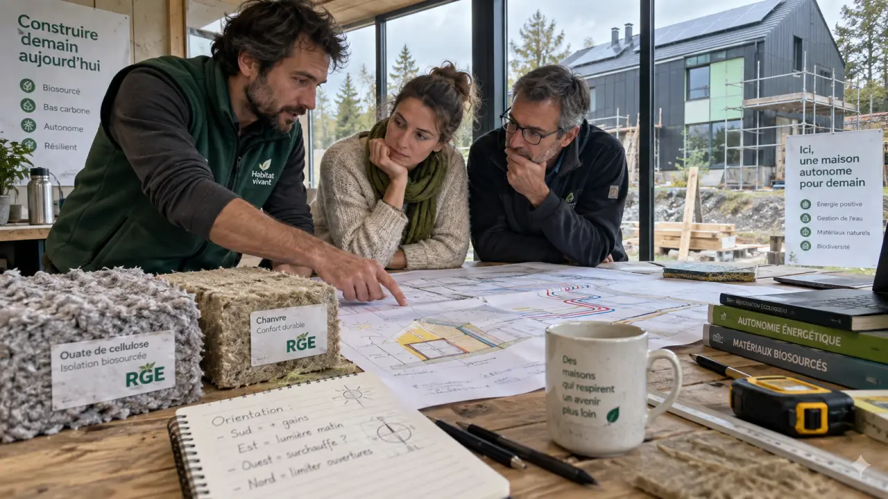 Constructeur maison autonome en chantier, isolation bioclimatique et plan technique