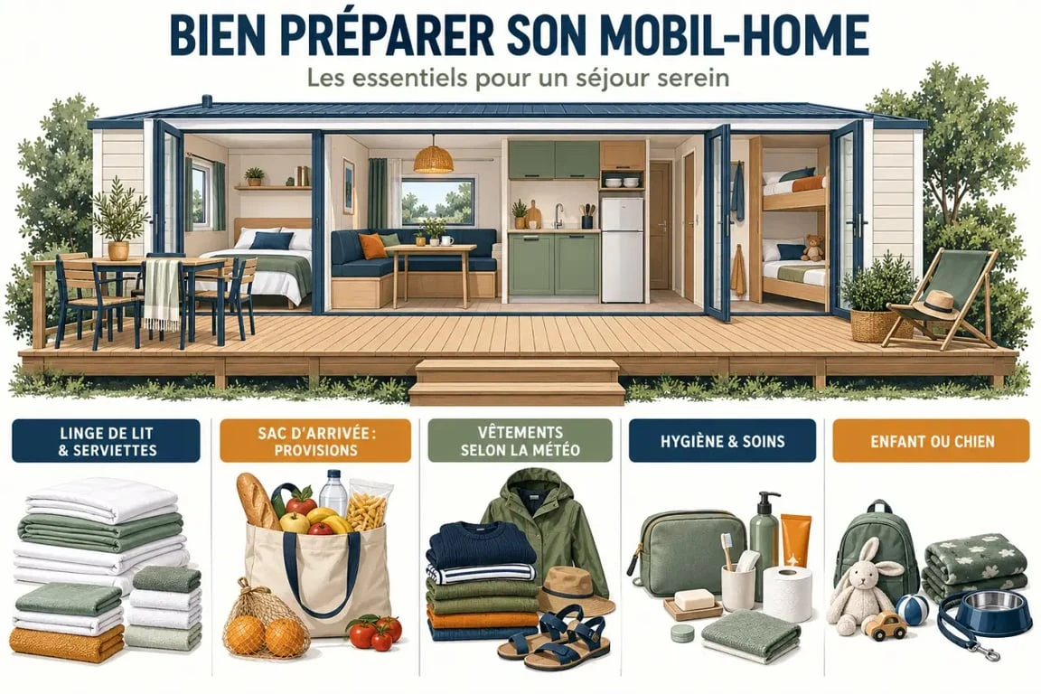 Quoi emmener en camping mobil-home : bagages organisés avec linge, provisions et affaires de vacances