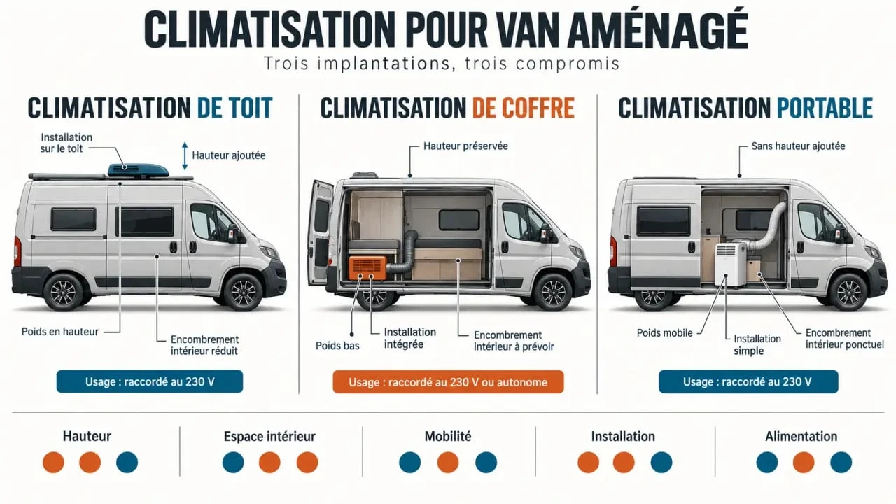 Comparatif des solutions de climatisation pour climatiseur van aménagé : toit, coffre et portable