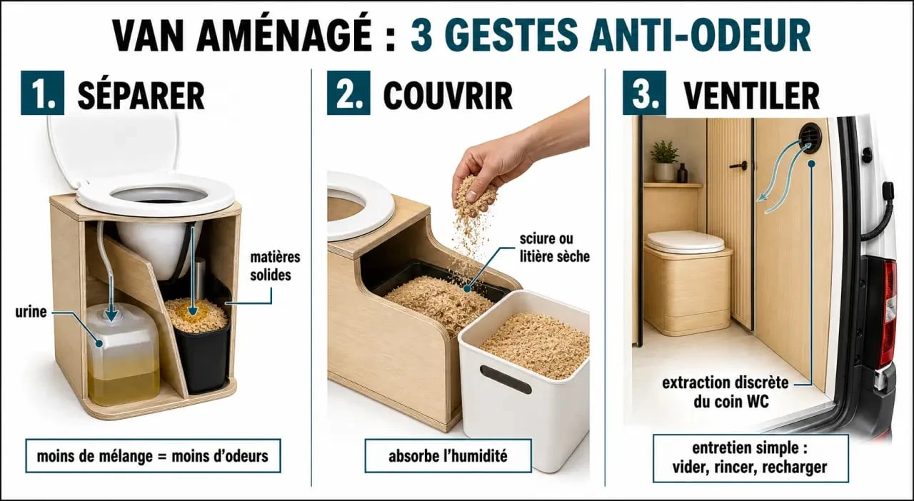 Astuce wc van aménagé : séparation, litière et ventilation pour limiter les odeurs