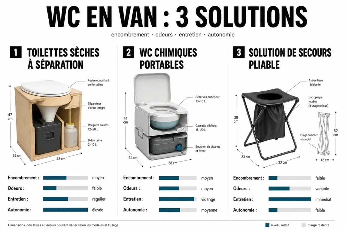 Astuce wc van aménagé : comparaison visuelle des solutions sèches, chimiques et de secours