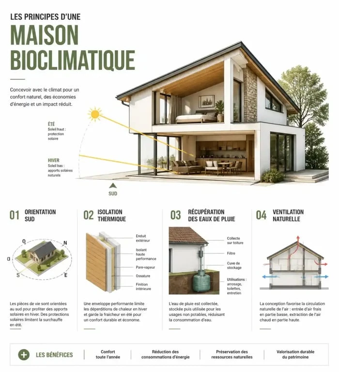 Schéma des principes de conception d'une maison autonome et bioclimatique