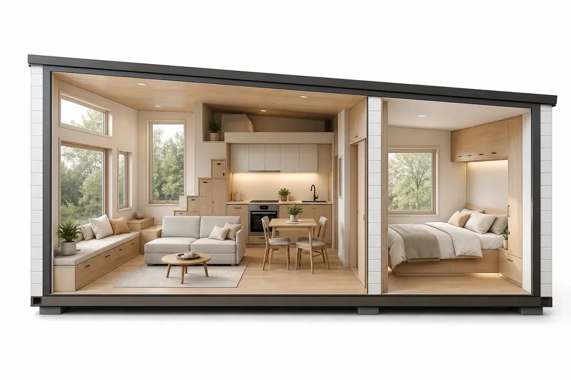 Aménagement intérieur d'une tiny house 40m2 lumineuse et fonctionnelle