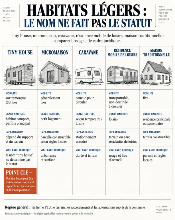 Infographie de définition tiny house et différences avec une caravane, une micromaison et une maison traditionnelle