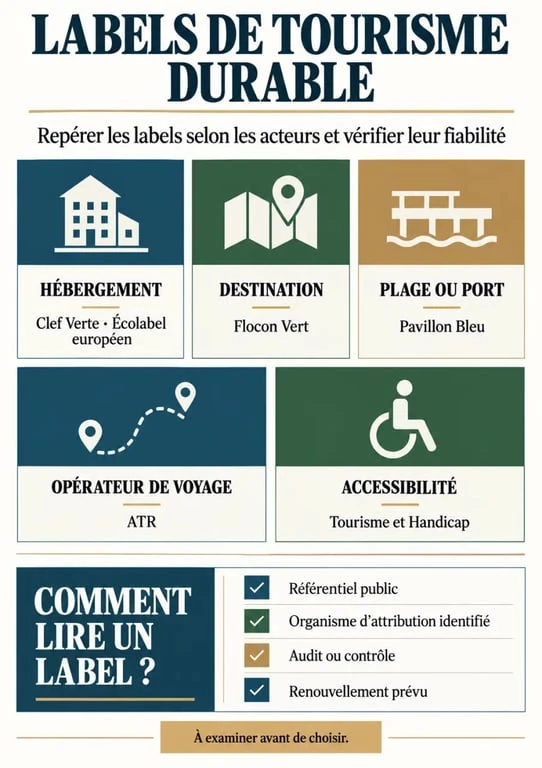 Infographie sur les principaux labels de tourisme durable et leurs critères de contrôle