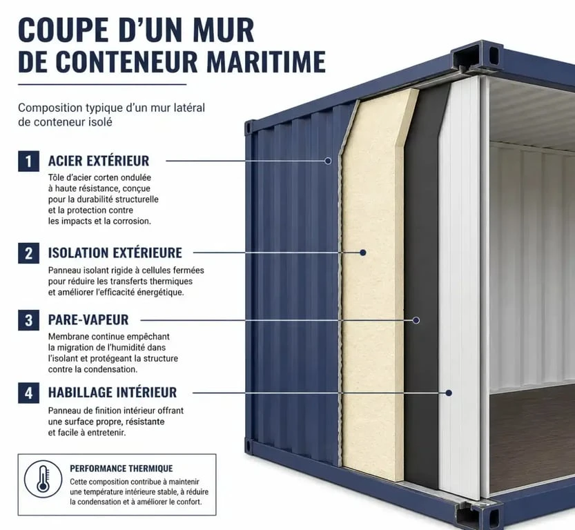 Schéma de coupe d'une paroi de conteneur tiny house avec isolation par l'extérieur