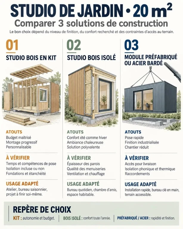 Infographie comparative des solutions pour un studio de jardin 20 m2 en kit, isolé ou préfabriqué