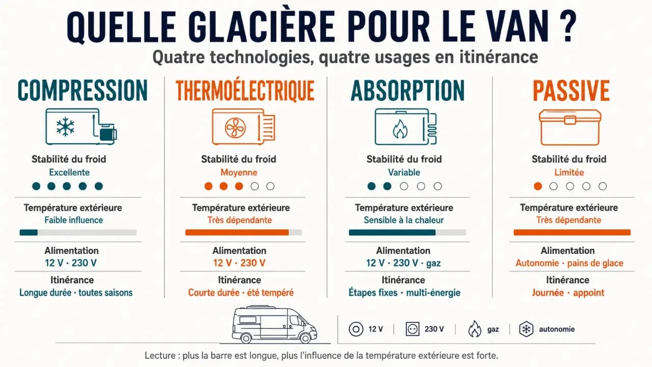 Infographie comparative des technologies de glacière pour van aménagé