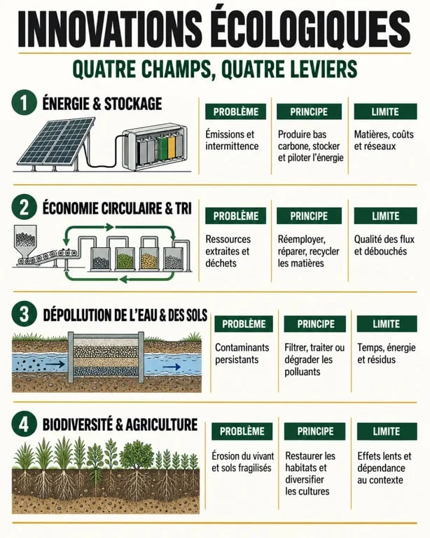 Innovations écologiques dans l'énergie, les déchets, l'eau, l'agriculture et la biodiversité