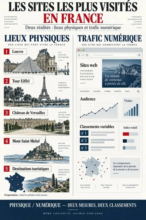 Infographie des sites les plus visités en France, entre monuments touristiques et sites web