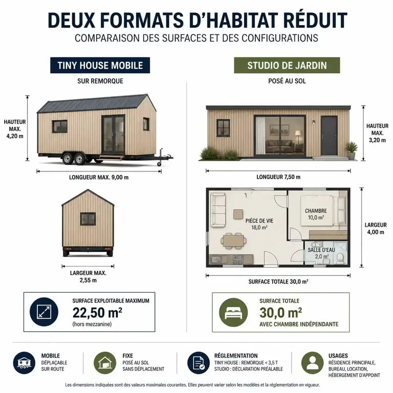 Comparatif tiny house 30m2 mobile sur remorque versus studio de jardin posé au sol