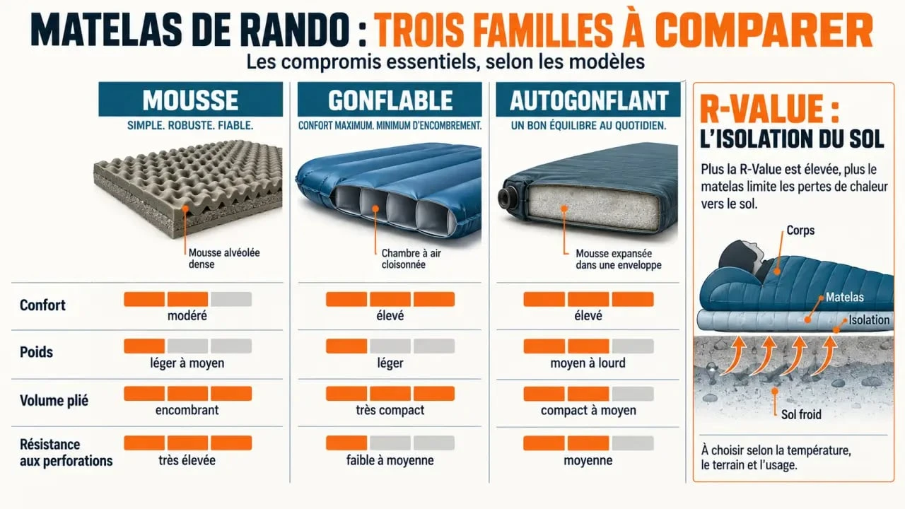 Matelas rando : comparaison visuelle des modèles en mousse, gonflables et autogonflants