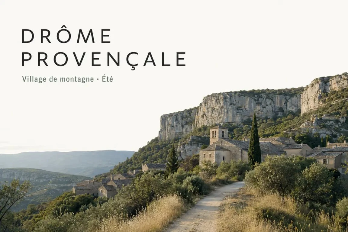 La drome montagne en été avec un village de pierre, un sentier de randonnée et un panorama de reliefs