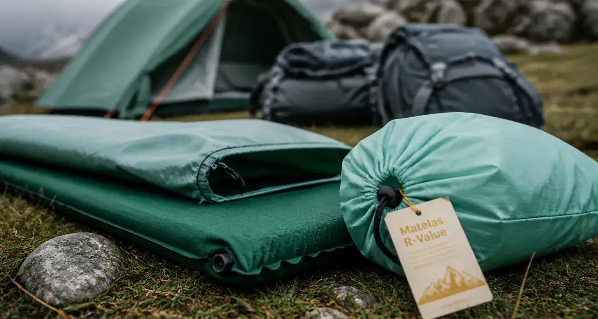 Matelas rando autogonflant R-Value près d’un refuge, herbe humide, nuit froide