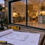 studio de jardin 20 m2 : plan coté et intérieur en bois au crépuscule