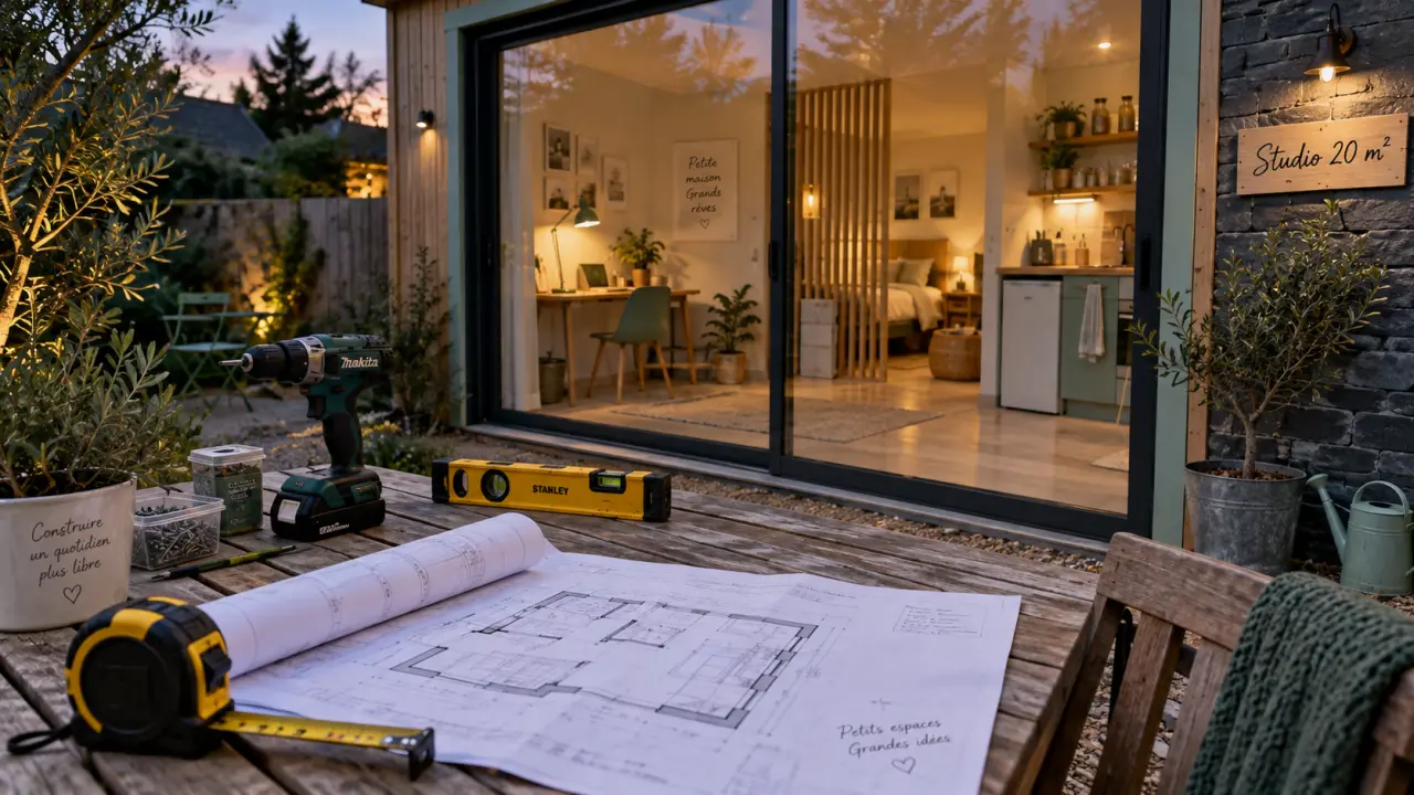 studio de jardin 20 m2 : plan coté et intérieur en bois au crépuscule