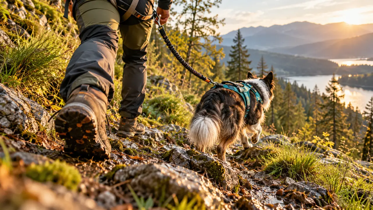 Cani randonnée : chien en harnais de traction sur descente