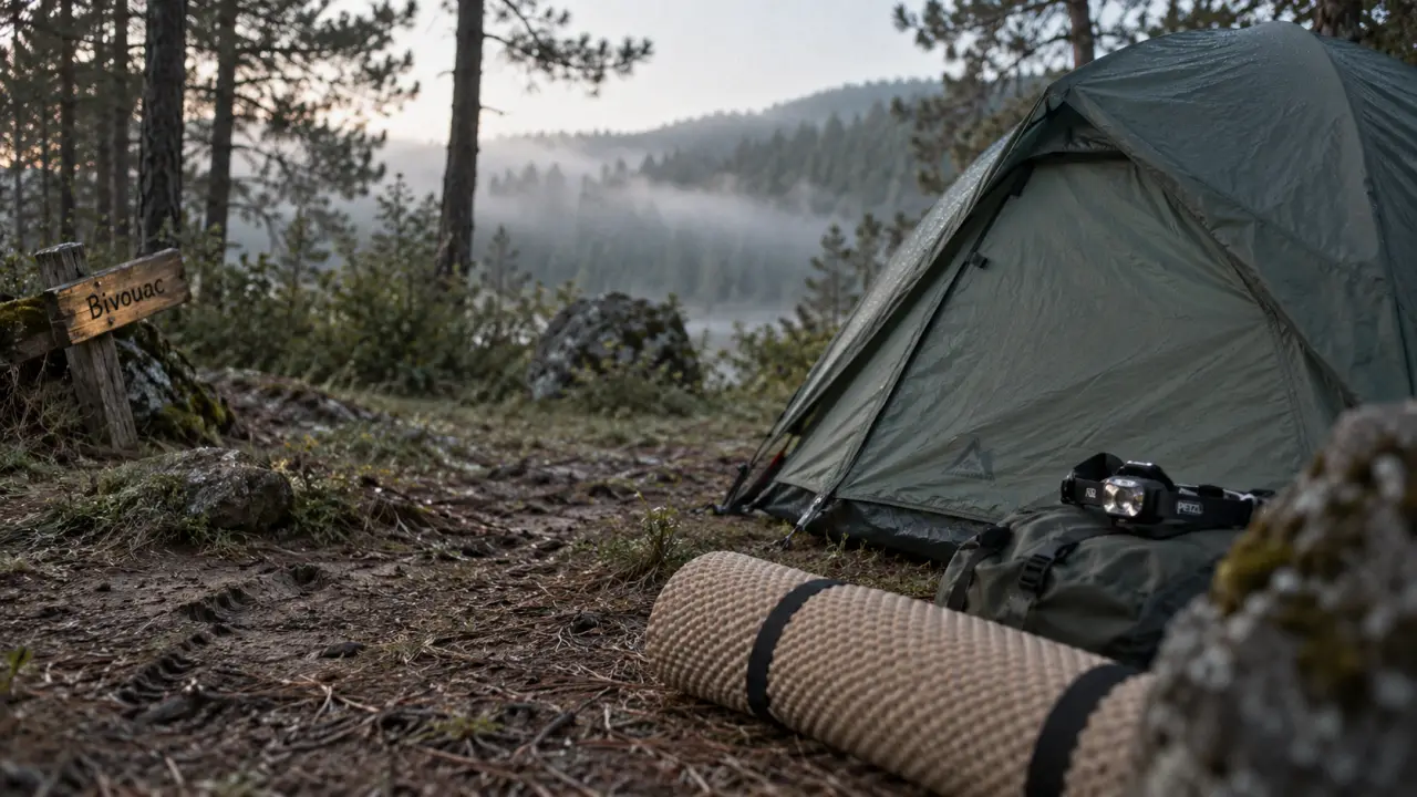 Camping sauvage en Europe : bivouac discret au matin, tente et isolation sur tapis près d’un sentier