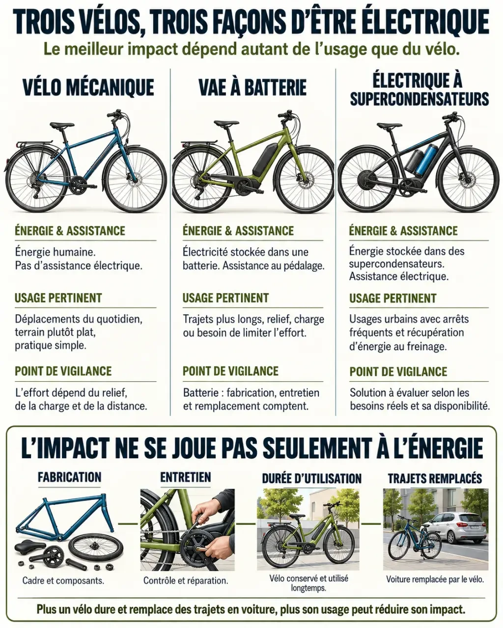Infographie sur les trois types de vélo écolo : vélo mécanique, VAE avec batterie et vélo sans batterie