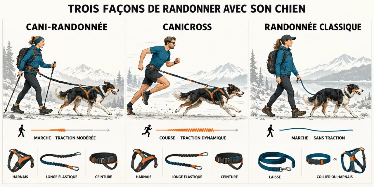 Comparaison visuelle entre cani-randonnée, canicross et randonnée classique avec chien