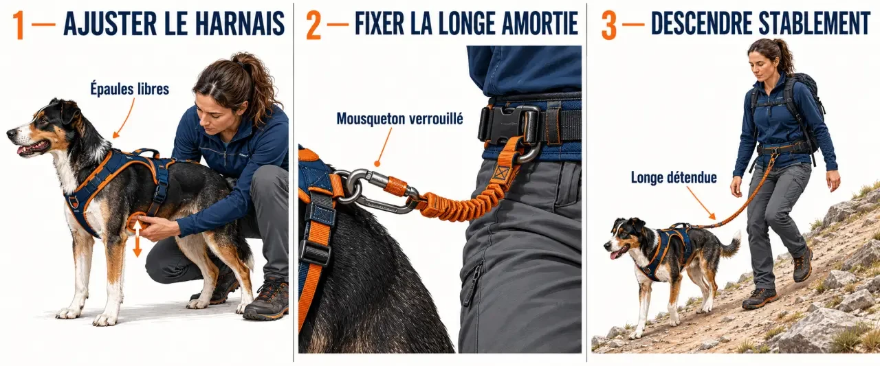 Illustration pédagogique de l’équipement et de la posture en cani-randonnée