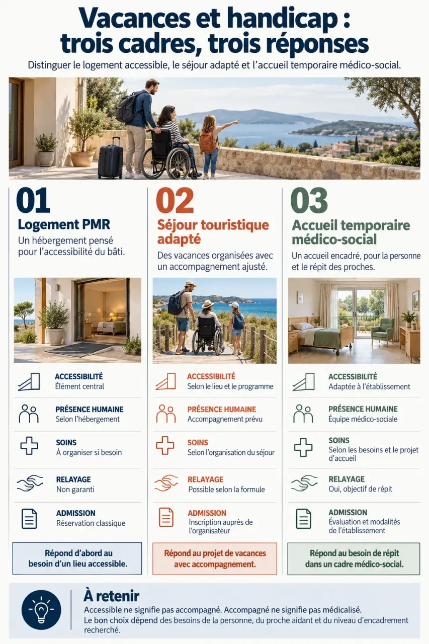 Infographie sur les vacances répit famille et la différence entre logement PMR, séjour adapté et accueil temporaire