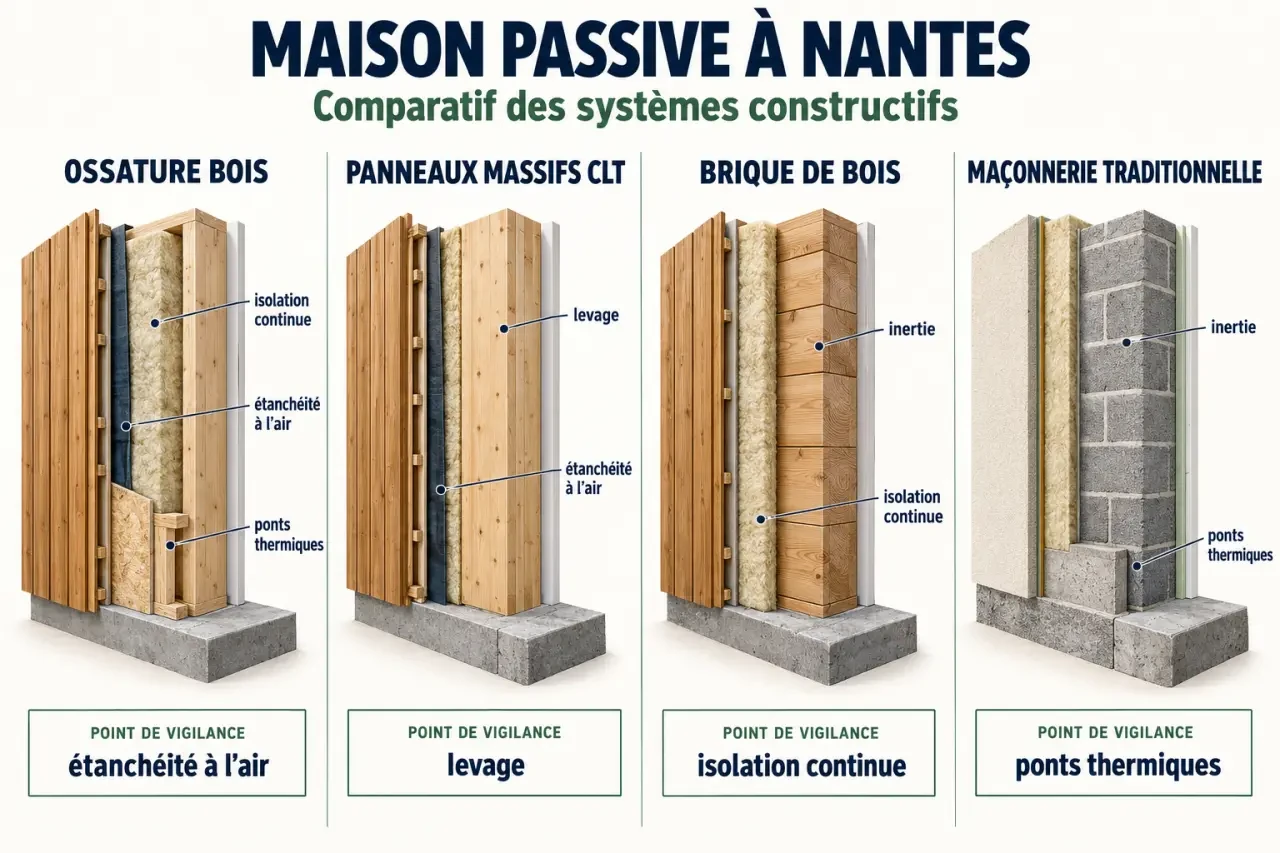 Infographie sur la construction maison bois passive Nantes et les principaux systèmes constructifs