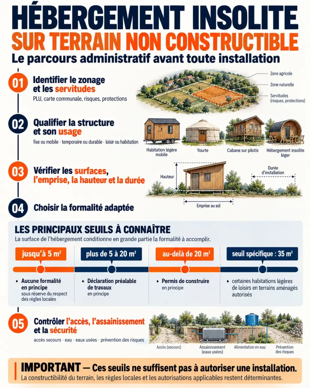 Infographie sur l’hébergement insolite sur terrain non constructible et les principales étapes de vérification administrative
