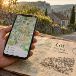 Lot balades et patrimoine : smartphone avec carte GPS de randonnée