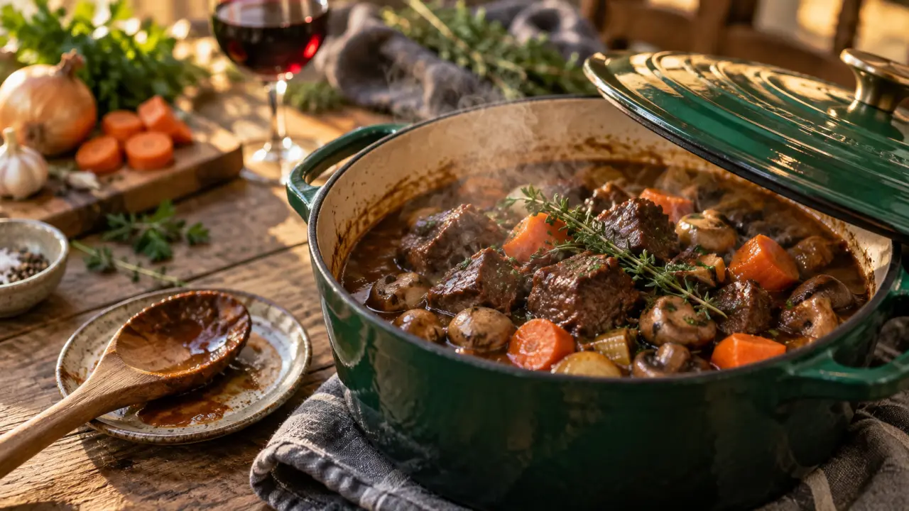 Plats mijotés traditionnels : cocotte en fonte fumante, bœuf et légumes