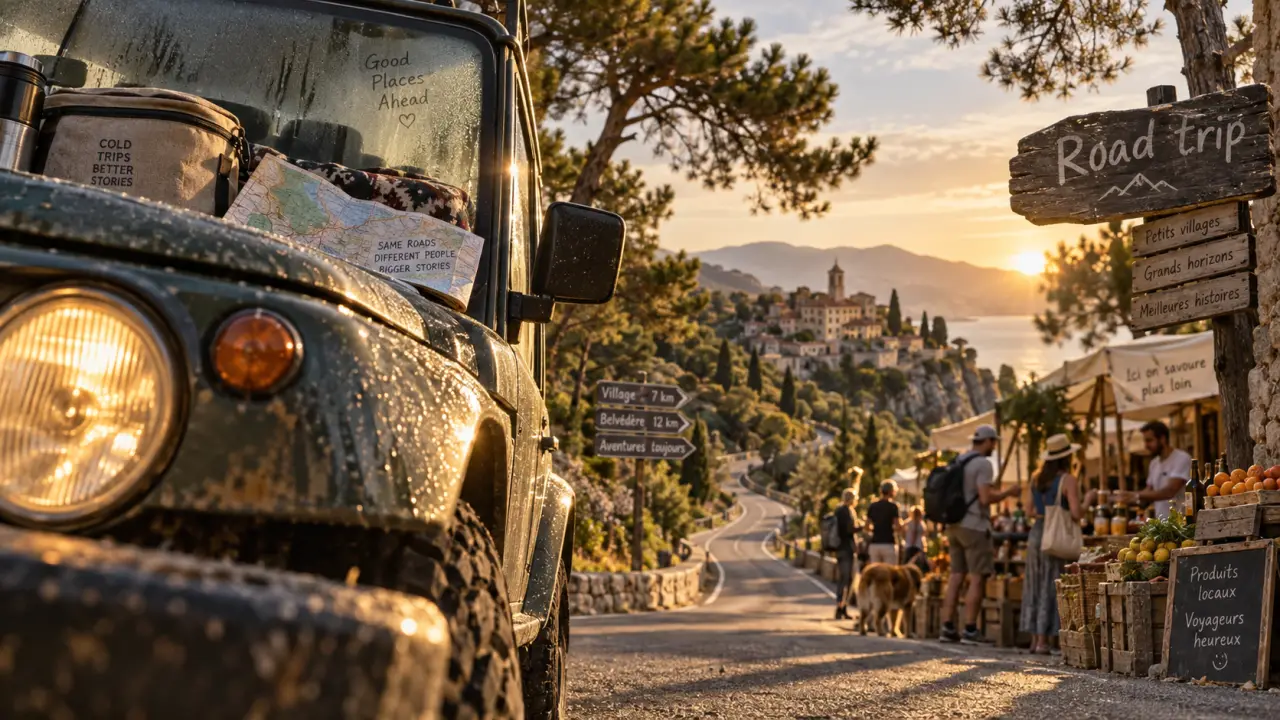 Qu est ce qu un road trip : voiture de road trip sur route sinueuse entre pins